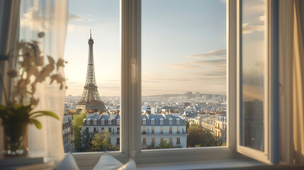 Eiffel tower seen through the window in Paris, France. - obrazy, fototapety, plakaty