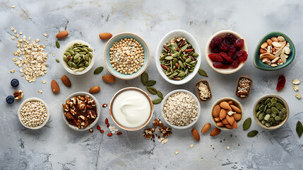 Assortment of nuts and seeds in bowls on light background. 