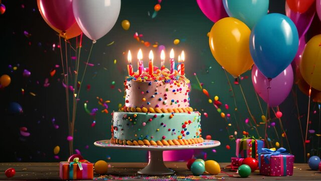 Birthday cake with burning candles and colorful balloons on a wooden table, Birthday cake featuring colorful balloons, gifts, and confetti on the table, AI Generated