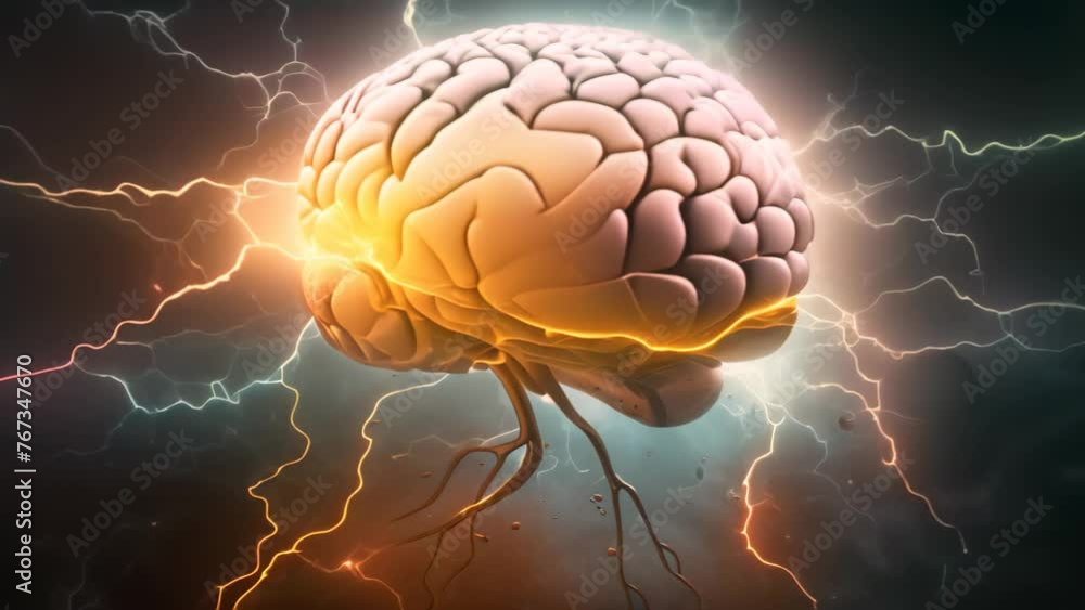 Poster brainstorming concept. 3d rendering of human brain and lightning, brainstorming concept illustrated 