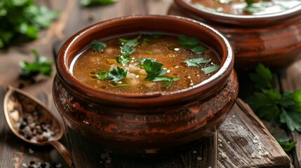 The French national dish is tender onion soup in close-up. Restaurant serving.