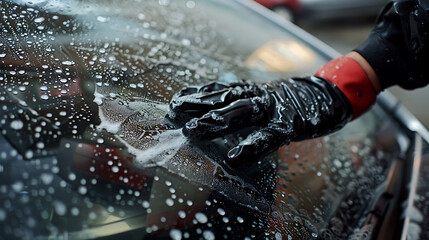 Close up of a male hand in gloves washing a car with a sponge - obrazy, fototapety, plakaty