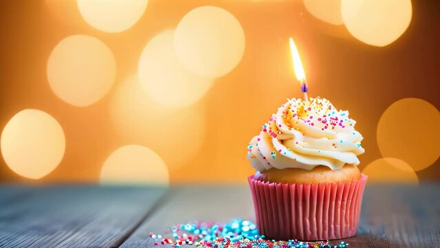 Birthday cupcake with burning candle on bokeh lights background, Birthday cupcake adorned with a candle on a wooden table against a bokeh background, AI Generated