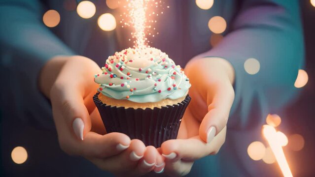 Close Up Of Female Hands Holding Cupcake With Blue Cream And Sparkler, Birthday Cupcake With Candle On Wooden Table With Bokeh Background, Birthday Cupcake Adorned With A Candle, AI Generated