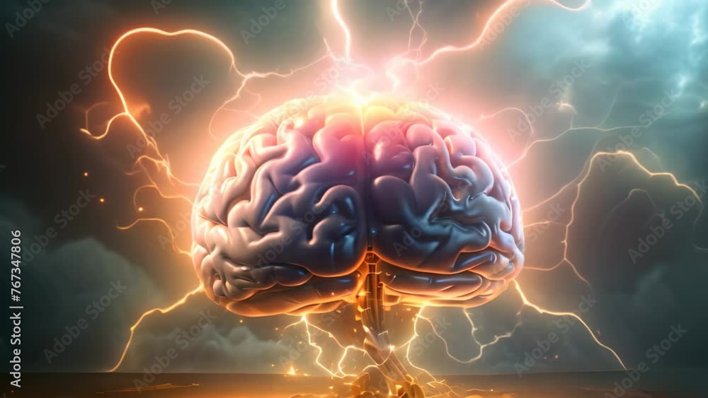 Poster human brain with thunderstorm lightning in the background. 3d illustration, brainstorming concept il