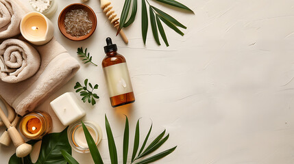 Spa composition with essential oil and towels on light background, flat lay