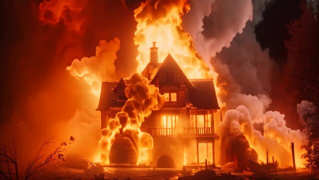 Burning house. Fire in the old house. Illustration, Burning house A house is on fire displaying flam, AI Generated
