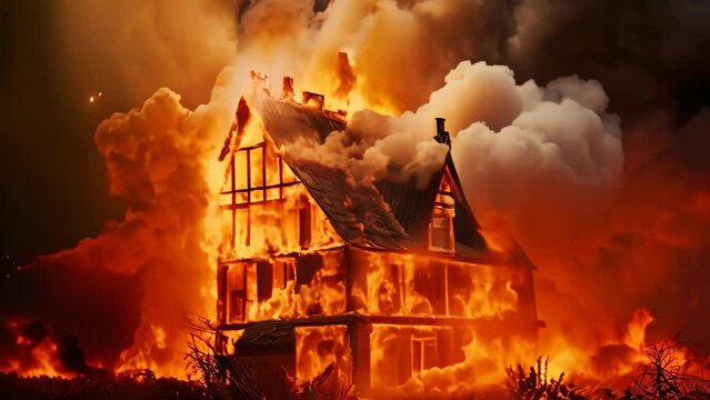 Burning house in the forest. Illustration of natural disaster, Burning house A house is on fire displaying flam, AI Generated