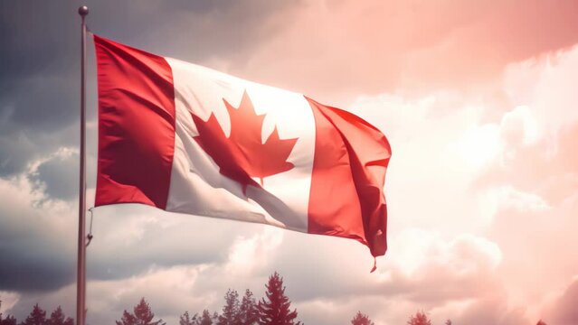 Canada flag waving in the wind with modern cityscape on the background, Canada flag waving outdoors, AI Generated