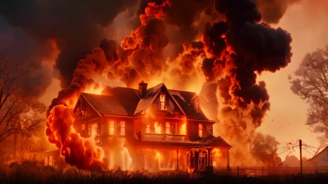Burning house in the village at night. Fire in the house, Burning house A house is on fire displaying flam, AI Generated