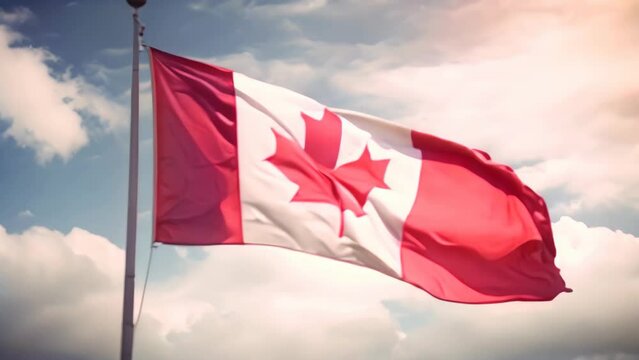 Canada flag waving in the wind against a blue sky with white clouds, Canada flag waving outdoors, AI Generated