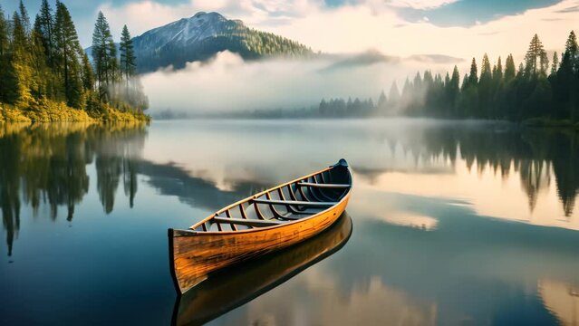 Boat on the lake at sunrise. Beautiful autumn landscape with fog, Canoe on a serene lake, AI Generated