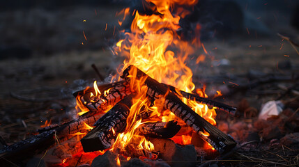 Burning firewood in the forest. Close-up photo.