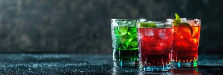 horizontal banner, Mexican national drink, alcoholic cocktail decorated in honor of Mexico's Independence day, dark background, copy space, free space for text