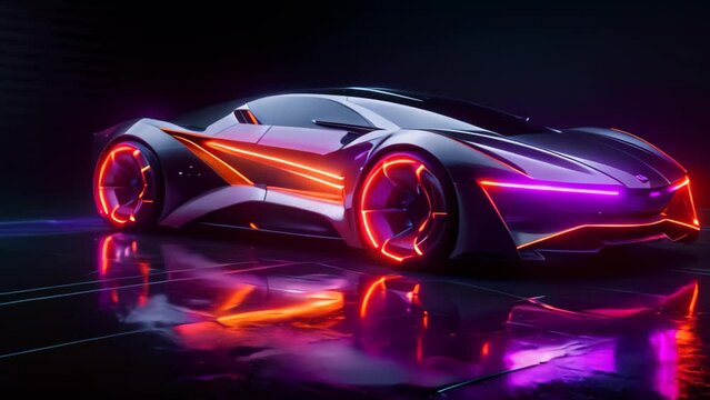 3D rendering of a brand-less generic concept car in neon light, Car with neon lights on a dark background, viewed from the side, A sports car with futuristic autonomous features, HUD, AI Generated