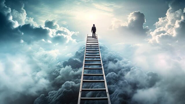 Conceptual image of a businessman standing on the top of a ladder over clouds, Choose the right ladder to reach the goal, AI Generated