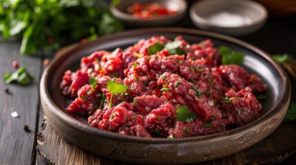 Ethiopian national dish Kitfo of raw beef in close-up. Restaurant serving. - obrazy, fototapety, plakaty