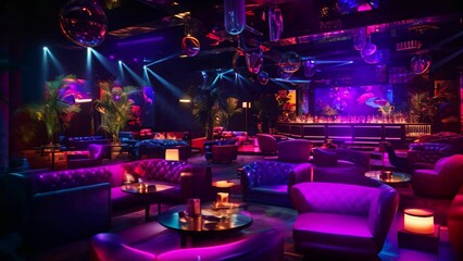 Interior of a night club with bright lighting. 3D rendering, Colorful interior of a vibrant and lively night club featuring dark seats and glowing lights, AI Generated