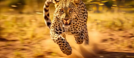 photo leopard running with savanna background