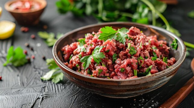 Ethiopian national dish Kitfo of raw beef in close-up. Restaurant serving.