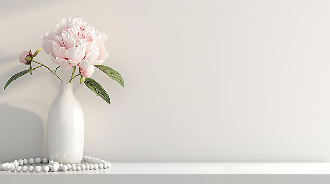 3d render of white vase with peony flowers on the shelf.