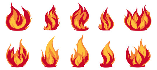 Set of fire flames icons isolated on white background, vector illustration
