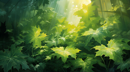 Shades of Green: A Close-Up of Lush Foliage Bathed in a Soft Golden Light