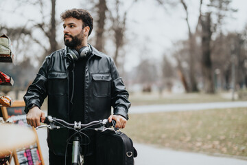 Stylish male entrepreneur takes advantage of a beautiful park setting to work outdoors, complete...