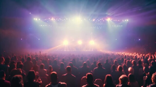 Concert crowd in front of a bright stage with lights and smoke, Concert crowd gathered in front of bright stage, AI Generated
