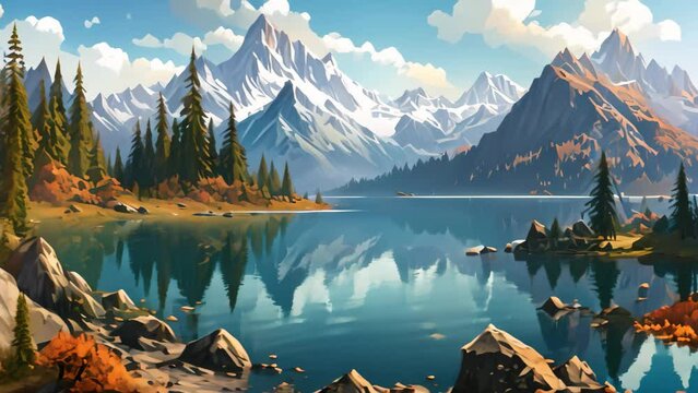 Mountain landscape with lake and forest in autumn. Digital painting, Digital painting capturing an autumn landscape with a lake and mountains in the background, AI Generated