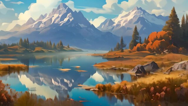 Beautiful landscape with mountains, lake and forest. Digital painting, Digital painting capturing an autumn landscape with a lake and mountains in the background, AI Generated