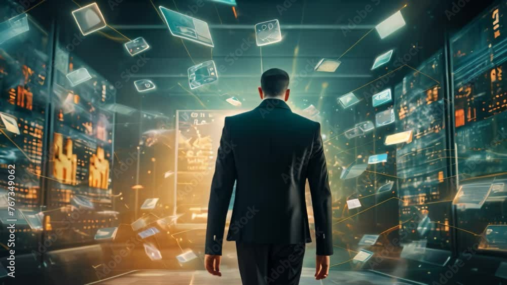 Poster Back view of businessman working with tablet in dark room with binary code, Ensure secure commerce with AI-enabled fraud detection systems, AI Generated