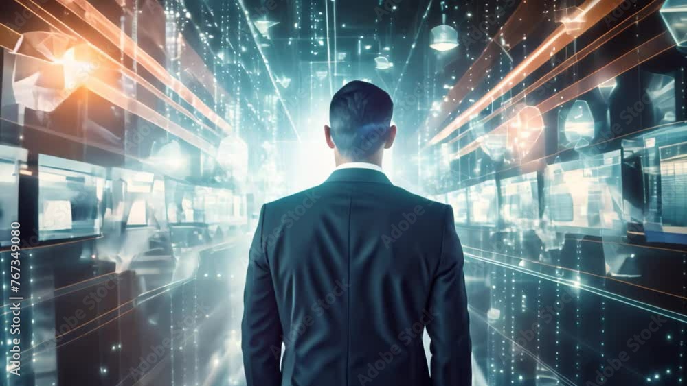 Poster Rear view of businessman looking at digital screen against composite image of binary code, Ensure secure commerce with AI-enabled fraud detection systems, AI Generated