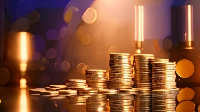 Double exposure of coins stacks and cityscape background, business and finance concept idea, Double exposure presenting a stack of coins against a cityscape with bokeh, AI Generated