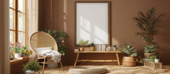Obraz premium Living room interior design featuring a cozy setup with a mock-up poster frame, plants in flower pots, a rattan armchair, a wooden bench, books, a braided box, a brown wall, and personal accessories.