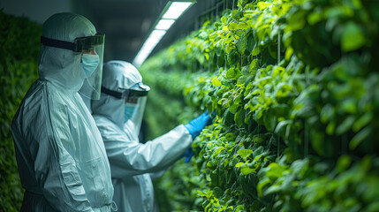 An underground vertical farm utilizing geothermal energy, technicians in protective gear monitoring growth. Concept of the future of food