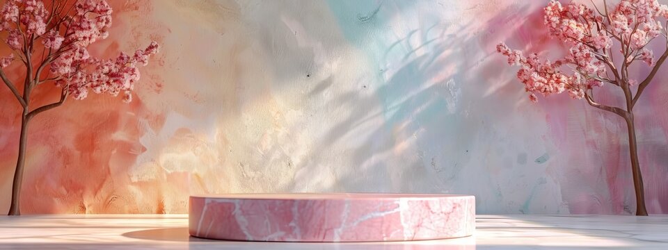 Background podium product display 3D stand platform white marble stone. Product podium background stage cosmetic pastel shadow pedestal mockup render empty beauty floor minimal studio abstract scene.