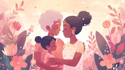 Three Generations of Women. Generations: Grandmother, Mother, and Child in a Flower Garden