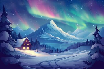 A Painting of a Cabin in a Snowy Landscape