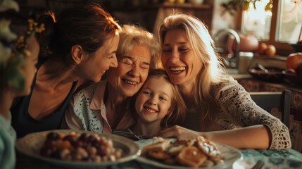 Four Generations of Women Sharing Laughter in Kitchen