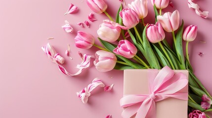 Elegant Pink Tulips with Gift Box on Pastel Background