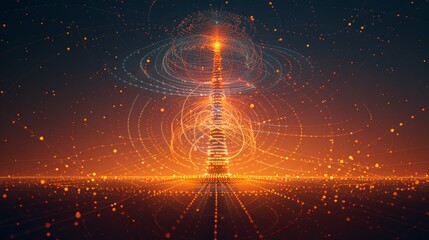 Abstract radio tower with circulating transmission nodes.  - obrazy, fototapety, plakaty