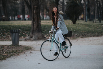Businesswoman in casual attire taking a relaxing bicycle ride through a tranquil park setting.