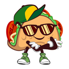 cute taco mascot character emoticon with a funny face in hip-hop style wearing a hat and sunglasses, cute taco mascot
