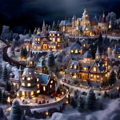 Fototapeta na wymiar Christmas and New Year miniature town in the snow at night. 3d rendering