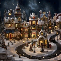 Christmas and New Year holiday background with Christmas trees, houses and snowflakes