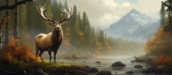 A deer is peacefully grazing next to a flowing river in the tranquil woods, surrounded by the beauty of nature. The sky is filled with fluffy clouds, creating a picturesque natural landscape