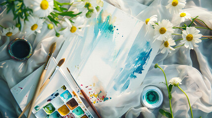A creative artists summer flat lay with watercolor paints brushes a sketchbook and fresh flowers on a white canvas.
