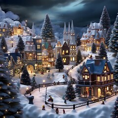 Christmas scene with snow covered houses and Christmas trees. 3d rendering