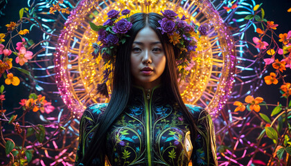 Fantasy Asian girl. Young woman. Chimeric flower background. Neon light. Selective focus. AI generated